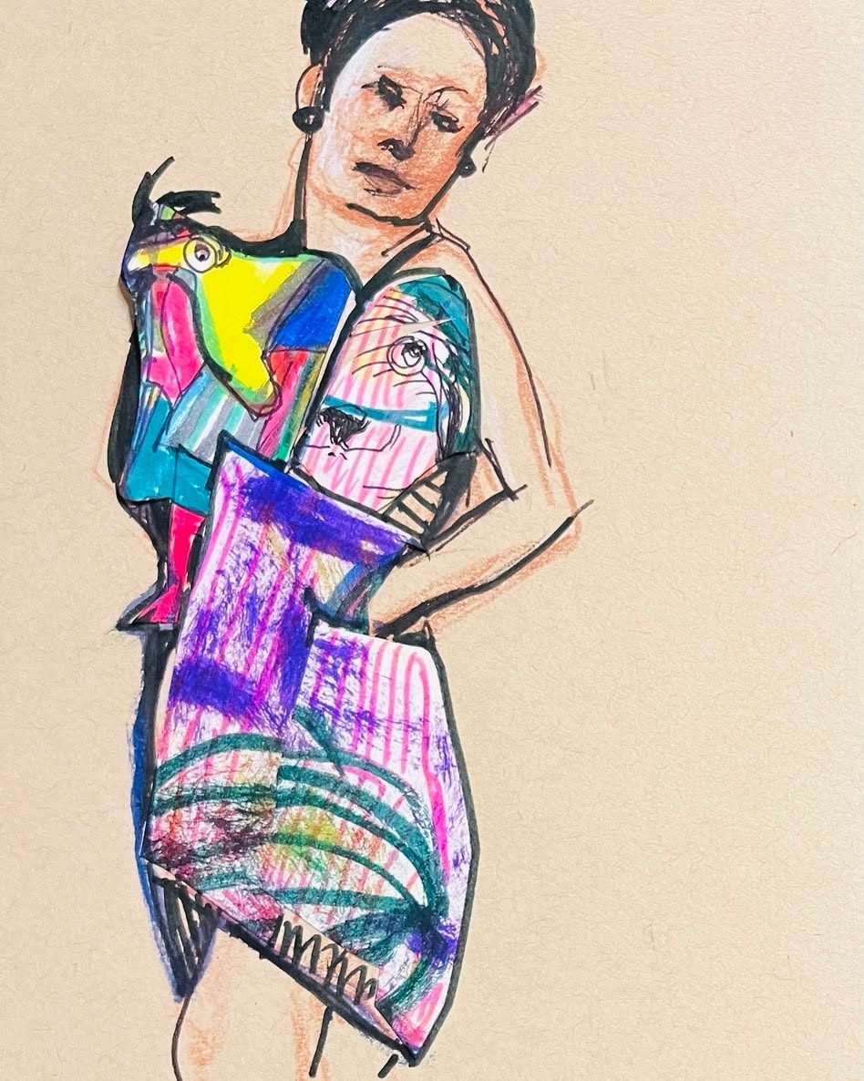 Drawing No. 1,710, 'With several Talbots catalogs and her canary, Allison created a party dress.', posted MAR 11, 2024