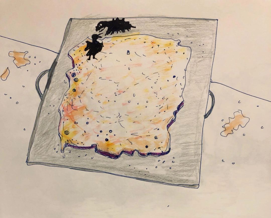 Drawing No. 652, 'Matt and Luisa met cute on a discarded Parmesan cracker and the rest is history.', posted MAY 30, 2021