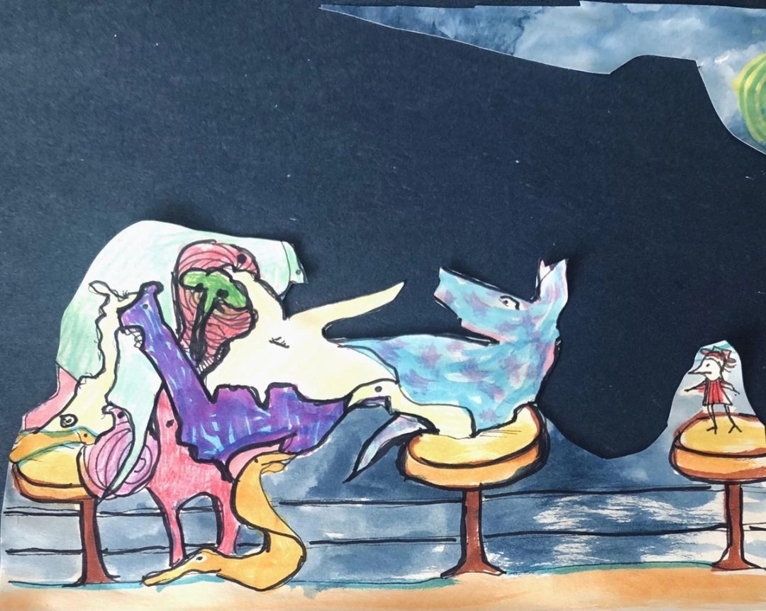Drawing No. 689, 'Mary-Jessica tried to tell her friends that she’d found a better place for watching the fireworks.', posted JUL 3, 2021