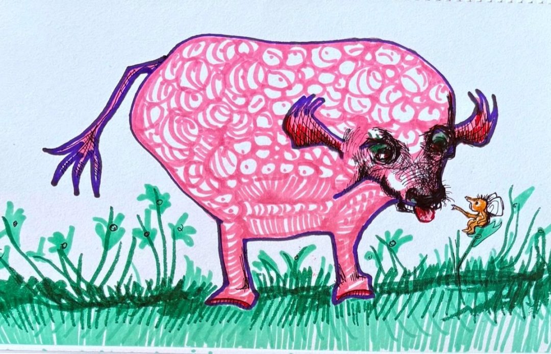 Drawing No. 2,240, 'Carleton couldn't resist pulling out one of Bossy's whiskers.', posted JUL 18, 2025
