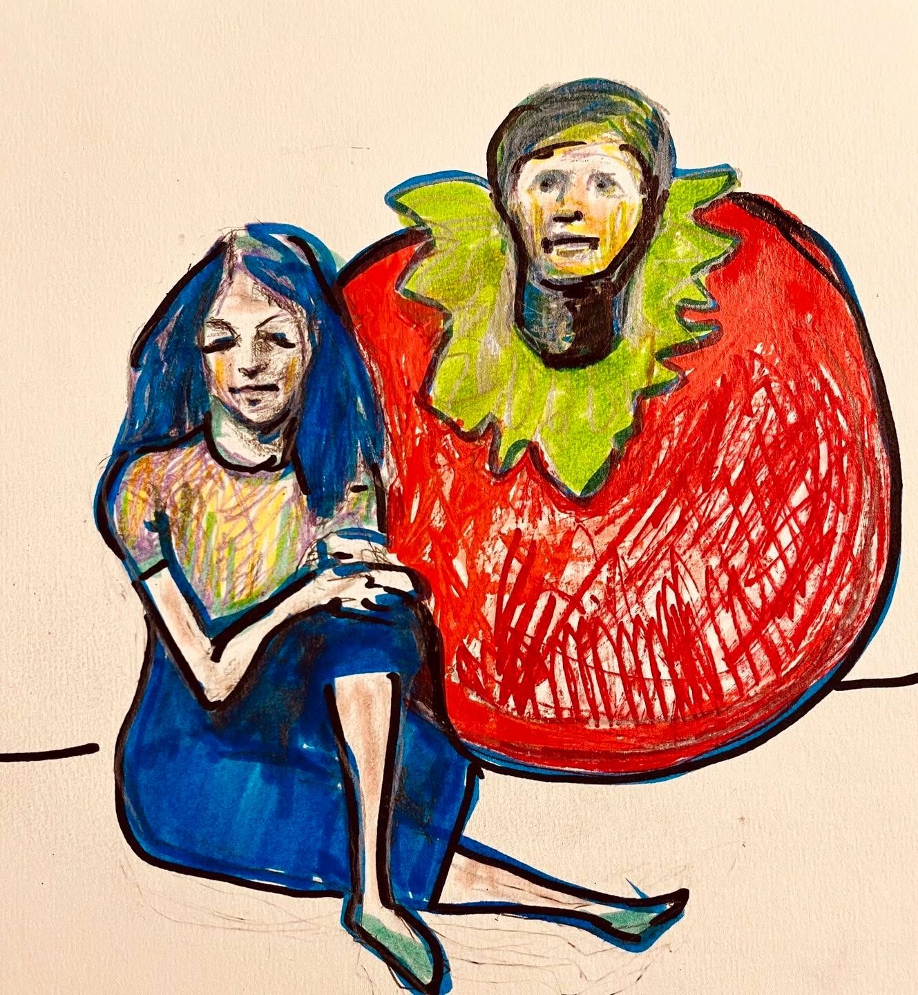 Drawing No. 1,812, 'Finch wasn't sure he liked being Brenda's little tomato.', posted JUN 14, 2024