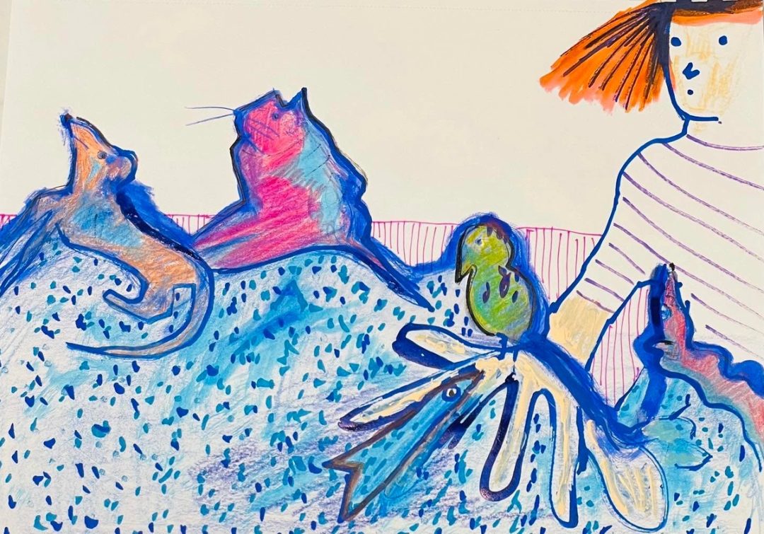 Drawing No. 1,266, 'The kids got in the hot tub together, not realizing the bluefish would run.', posted JAN 9, 2023