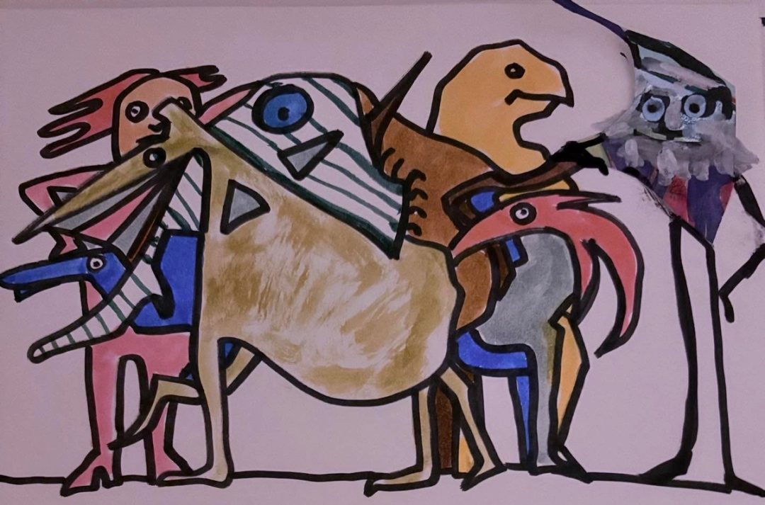 Drawing No. 2,416, 'Santa put his reindeer in the barn, took off his heavy lined snow pants, and met up with his buddies at a party.', posted DEC 30, 2025