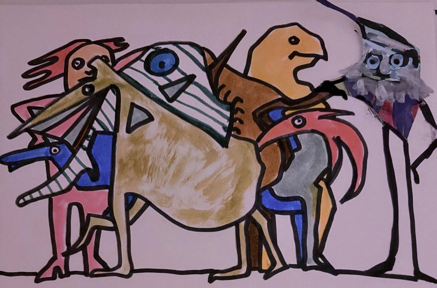 Drawing No. 2,416, 'Santa put his reindeer in the barn, took off his heavy lined snow pants, and met up with his buddies at a party.', posted DEC 30, 2025