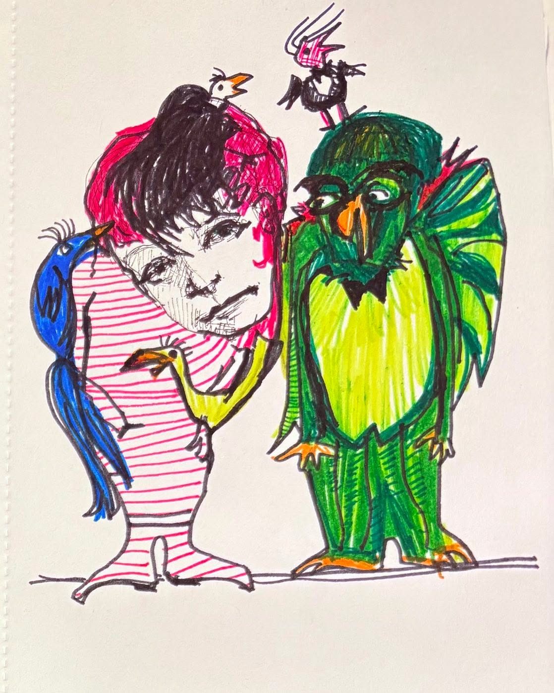 Drawing No. 2,587, 'New to the neighborhood, Miranda and Will misunderstood their "birding party" invitation.', posted MAY 25, 2026