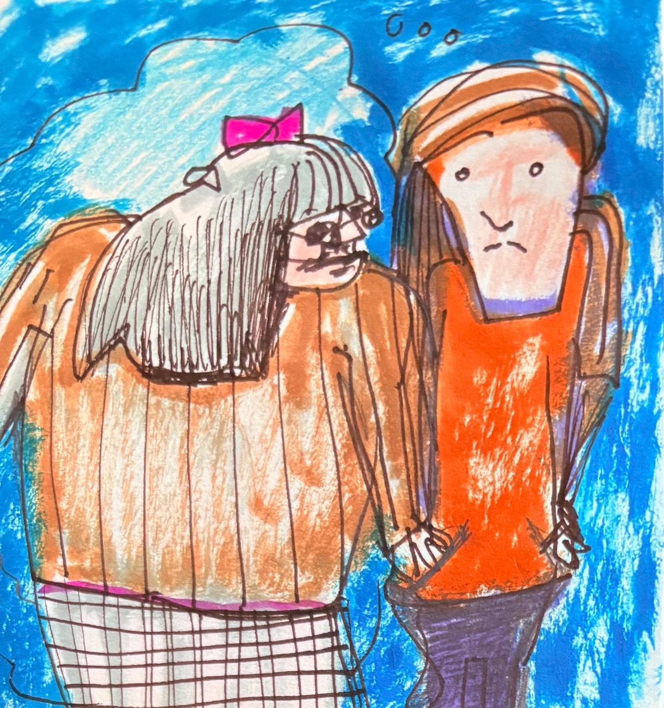 Drawing No. 2,202, 'Bettina's optimism barely made a dent in Hodge's gloom.', posted JUN 13, 2025