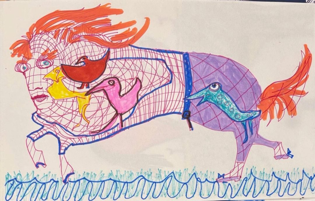 Drawing No. 2,309, 'Molly's wire mesh suit was annoying, but it kept the shore birds from crashing into her.', posted SEP 19, 2025