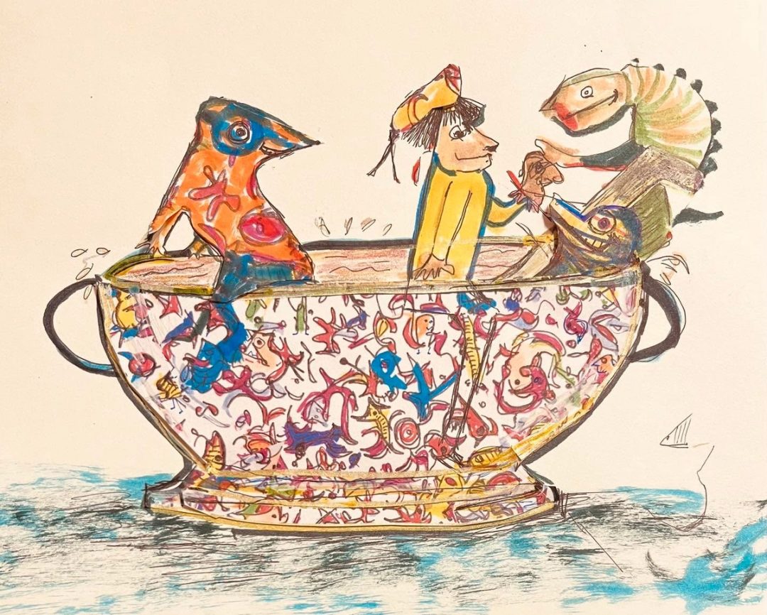 Drawing No. 1,984, 'It was little Giblet's first ride in a decommissioned gravy boat.', posted NOV 21, 2024