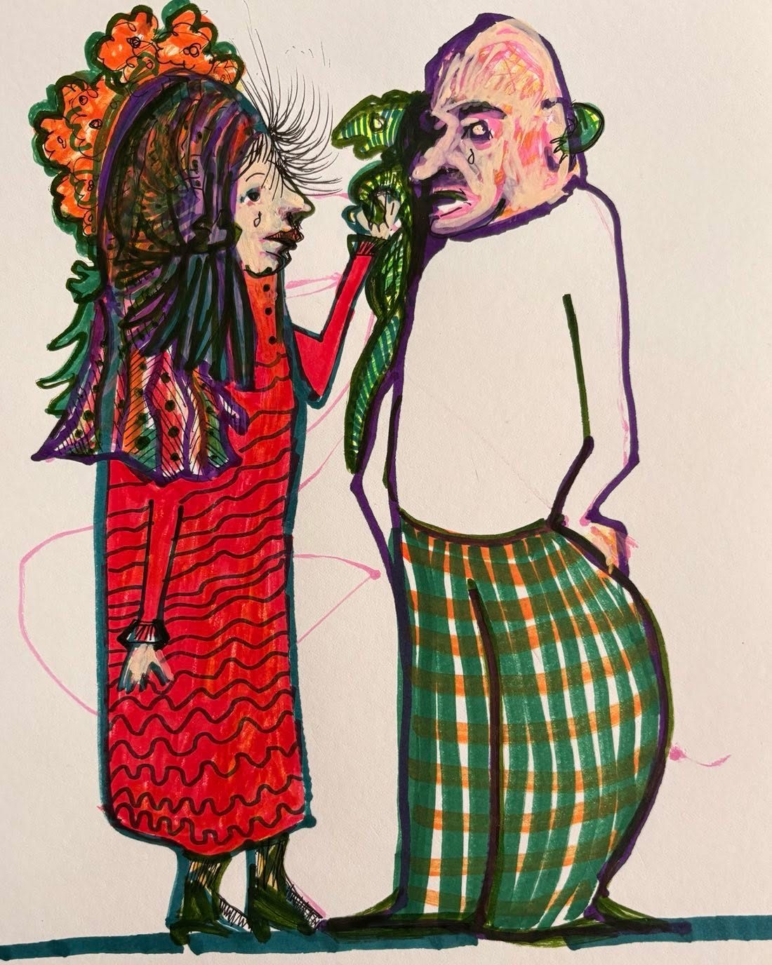 Drawing No. 2,111, 'Rosie's unexpected bout of separation anxiety made it hard for Lance and Cecily t leave for work.', posted MAR 27, 2025