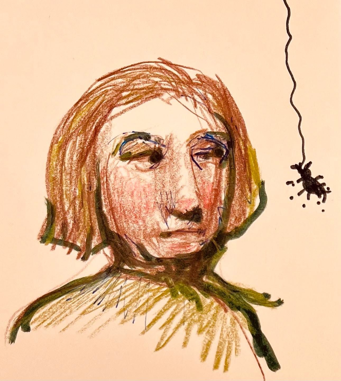 Drawing No. 1,989, 'After decades in therapy, Ms. Muffet was finally able to look an arachnid in the eye.', posted NOV 27, 2024