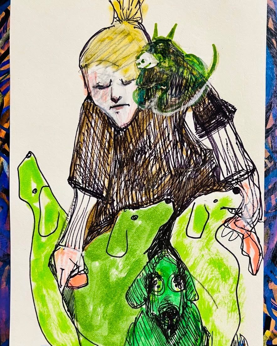 Drawing No. 1,885, 'Shamrock, Pistachio and the other rare green puppies were the joy of Sally's life.', posted AUG 20, 2024
