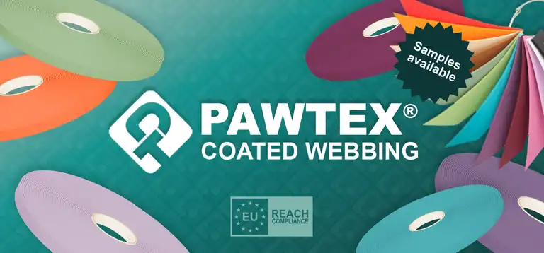 Coloured rolls of Pawtex coated webbing with a colour swatch and the EU REACH compliance logo. Text: "Pawtex Coated Webbing" and "Samples verkrijgbaar" (Samples available).