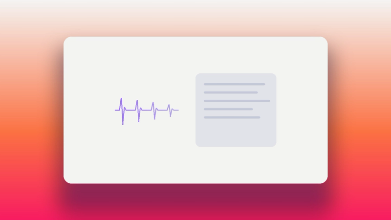 Abstract illustration of a heartbeat pulse in Oasys purple feeding into a written note