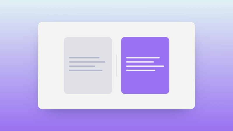 Abstract illustration of two panels meeting at a seam, one neutral and one in Oasys purple