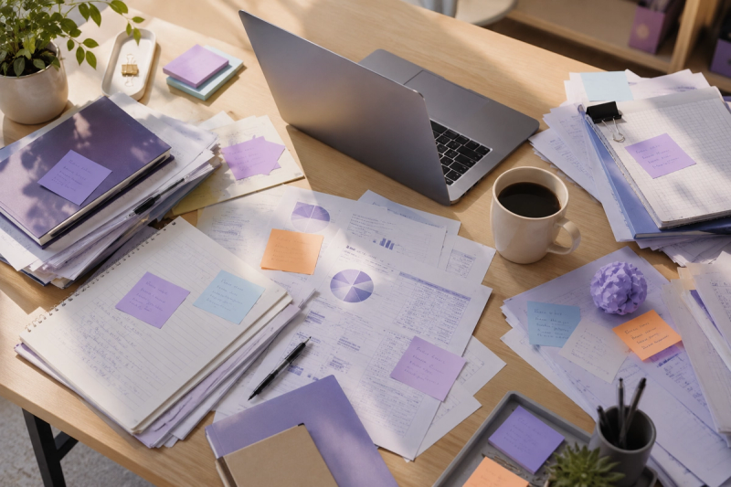 A cluttered desk with open folders and scattered documents, reflecting the unexpected complexity of switching EHR systems