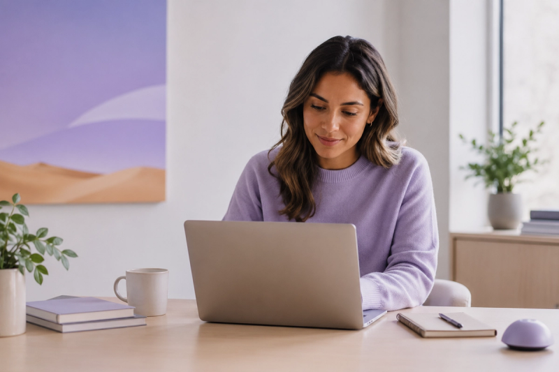 Therapist reviewing notes on a laptop at a clean desk in a calm, naturally lit office