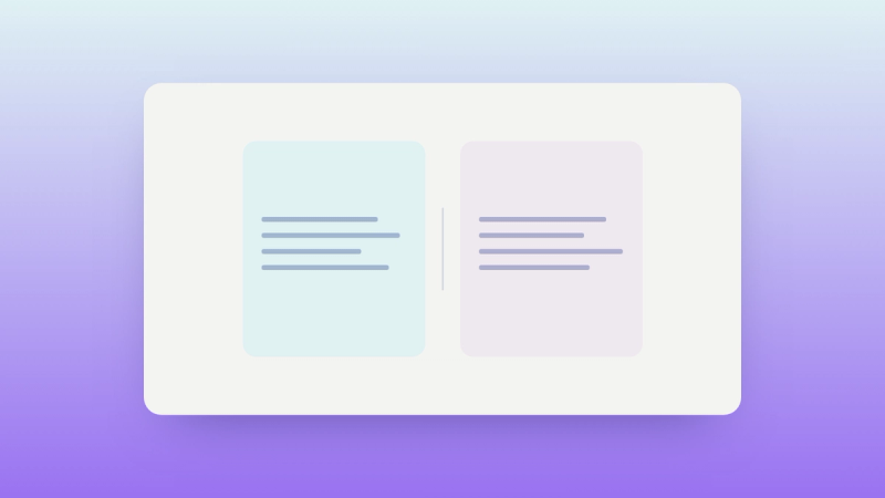 Abstract illustration of two evenly weighted panels in pale sky and lavender, representing a neutral comparison