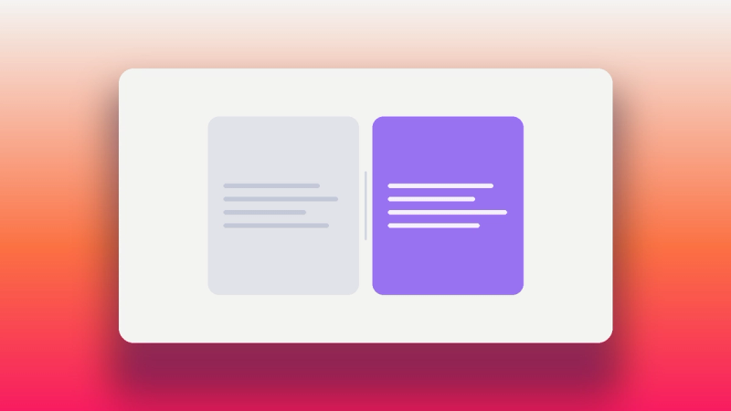 Abstract illustration of two panels meeting at a seam, one neutral and one in Oasys purple