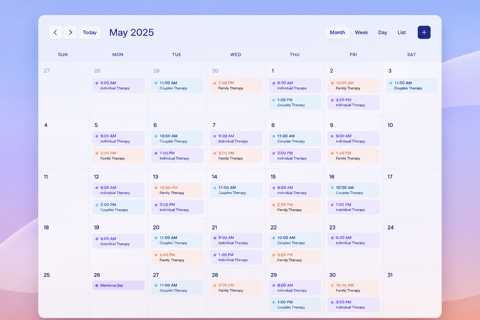A calendar densely filled with appointments, representing the scheduling complexity of a growing group therapy practice