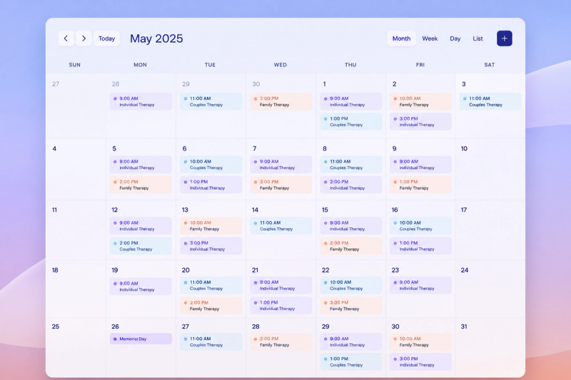 A calendar densely filled with appointments, representing the scheduling complexity of a growing group therapy practice