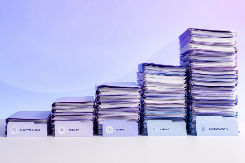 Claim folders and reimbursement packets arranged in progressively taller stacks, representing growing billing complexity in a group therapy practice