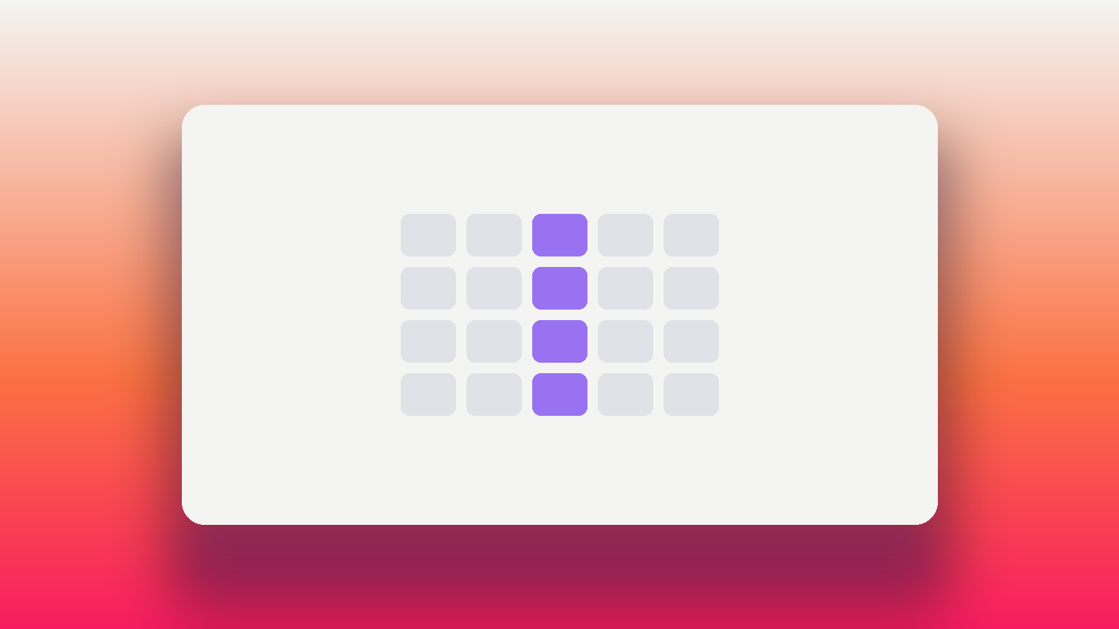 A grid of rounded tiles in four rows and five columns with one column highlighted in purple, representing one set of answers running across every role in a practice