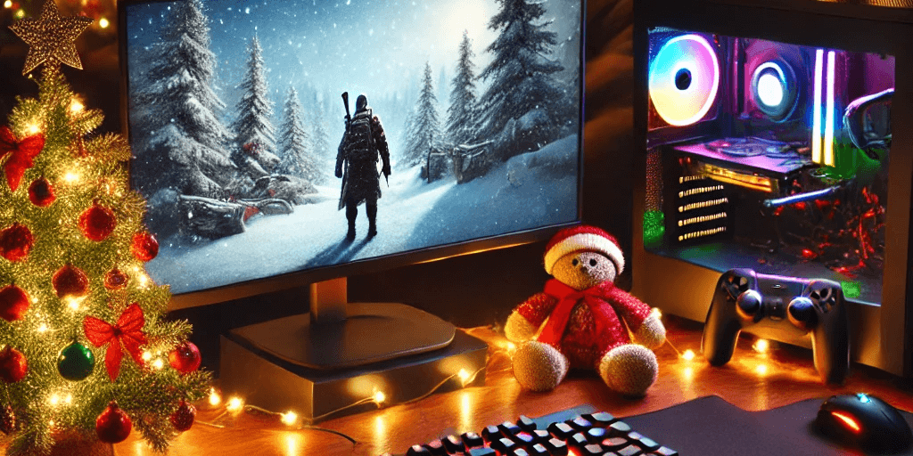 a teddy bear in a santa outfit sits in front of a computer monitor