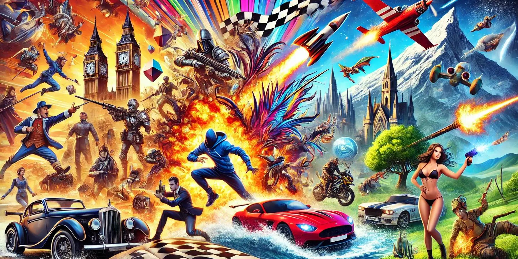 a painting of a group of people , cars , planes , and a castle .