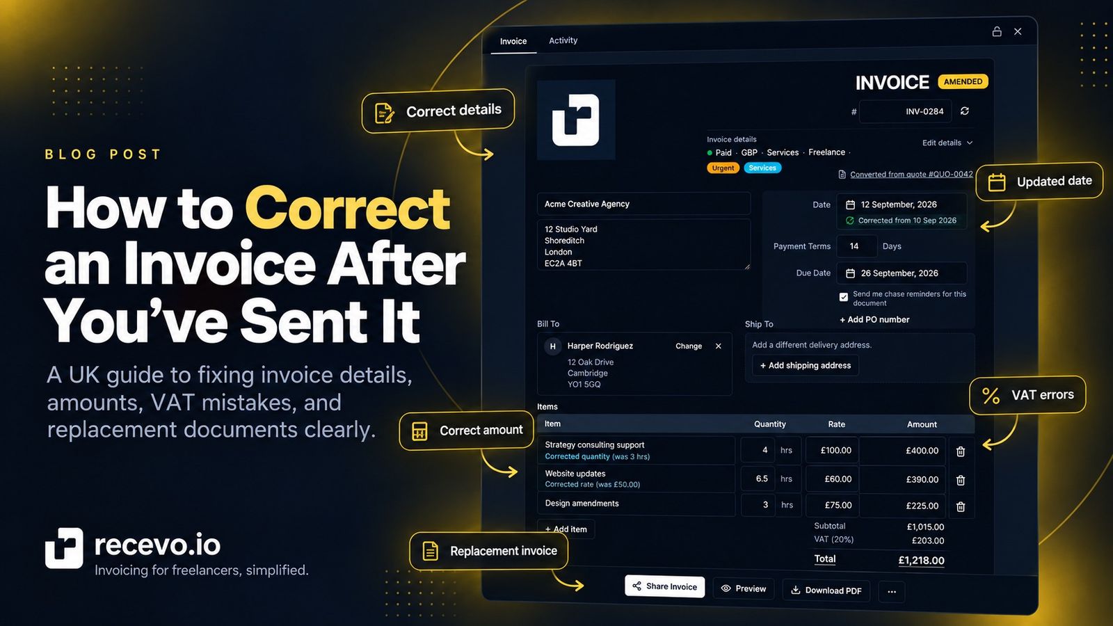 recevo.io blog cover showing the headline ‘How to Correct an Invoice After You’ve Sent It’ beside the invoice editor, with yellow-highlighted callouts for corrected details, updated date, corrected amount, VAT errors, and replacement invoice guidance.