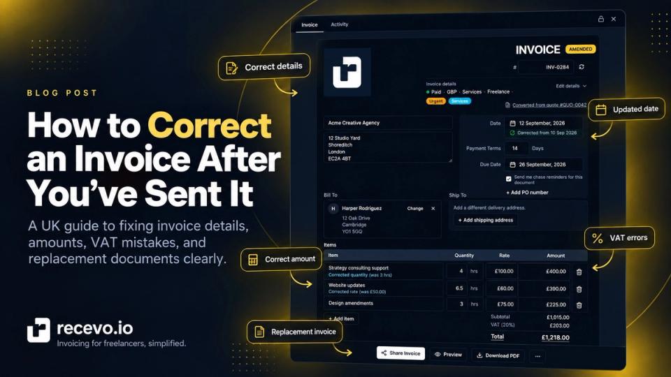 recevo.io blog cover showing the headline ‘How to Correct an Invoice After You’ve Sent It’ beside the invoice editor, with yellow-highlighted callouts for corrected details, updated date, corrected amount, VAT errors, and replacement invoice guidance.