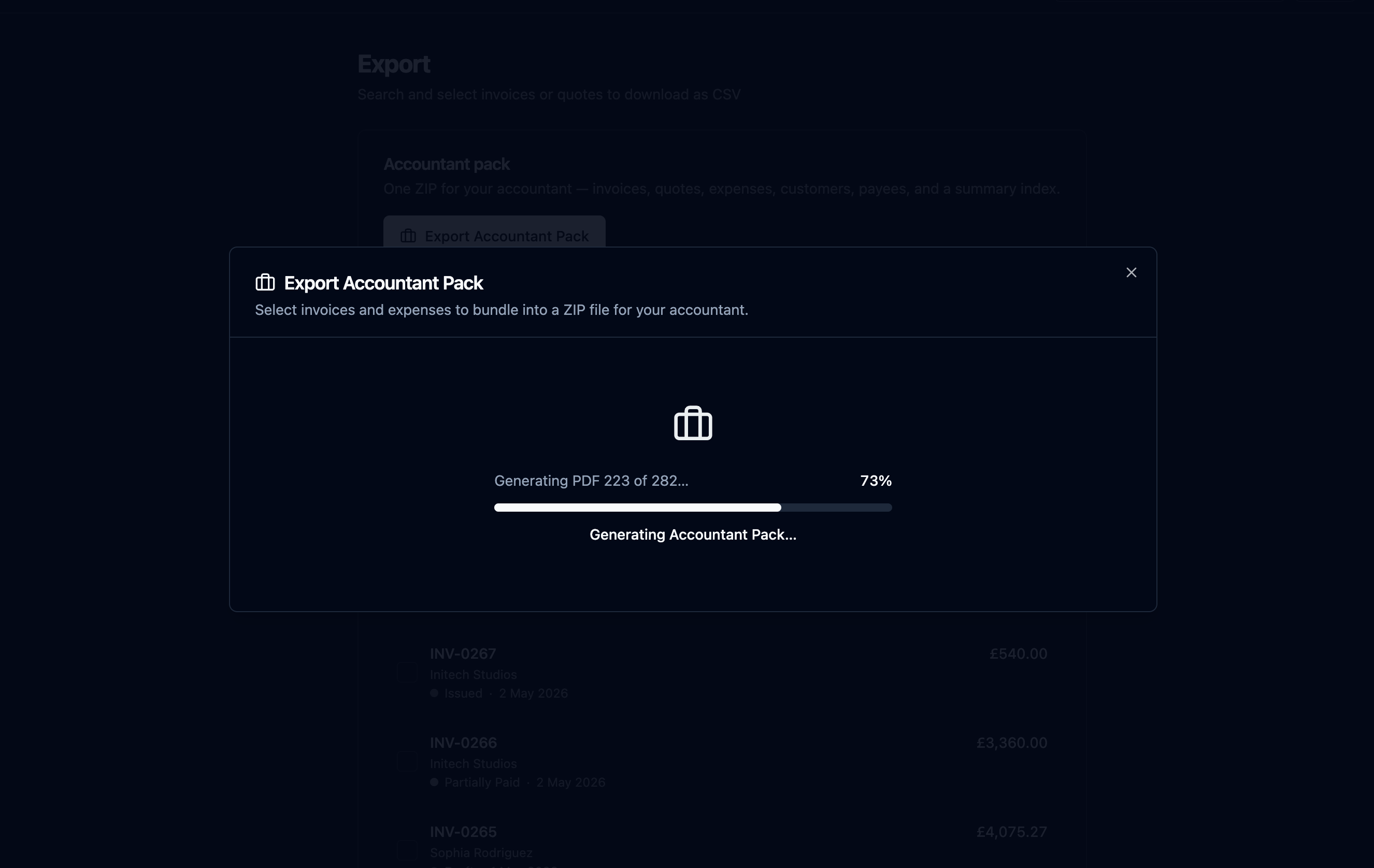 recevo.io Accountant Pack export screen showing invoice PDFs, expense attachments, and CSV spreadsheets being prepared as a ZIP file