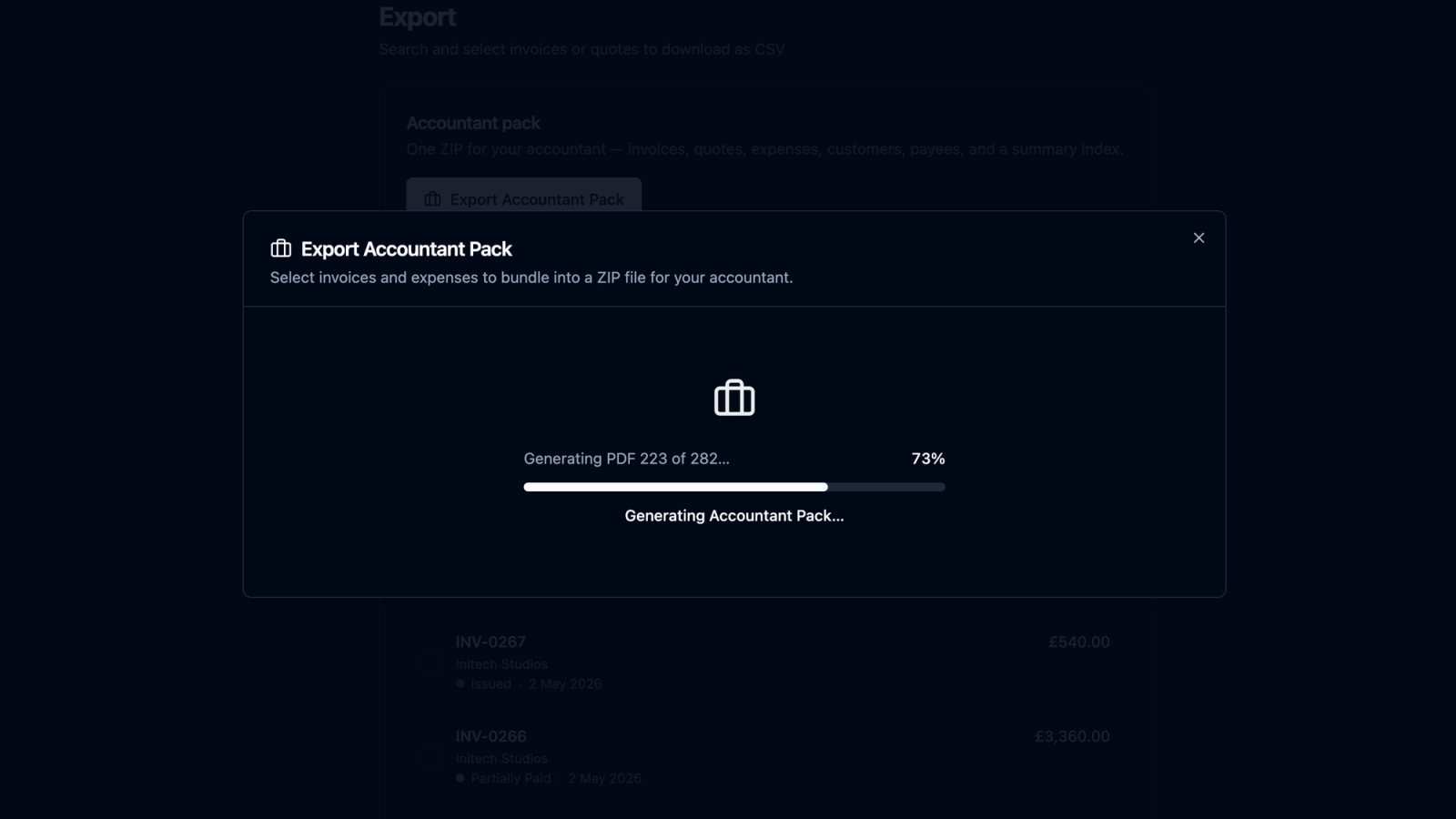 recevo.io Accountant Pack export screen showing invoice PDFs, expense attachments, and CSV spreadsheets being prepared as a ZIP file