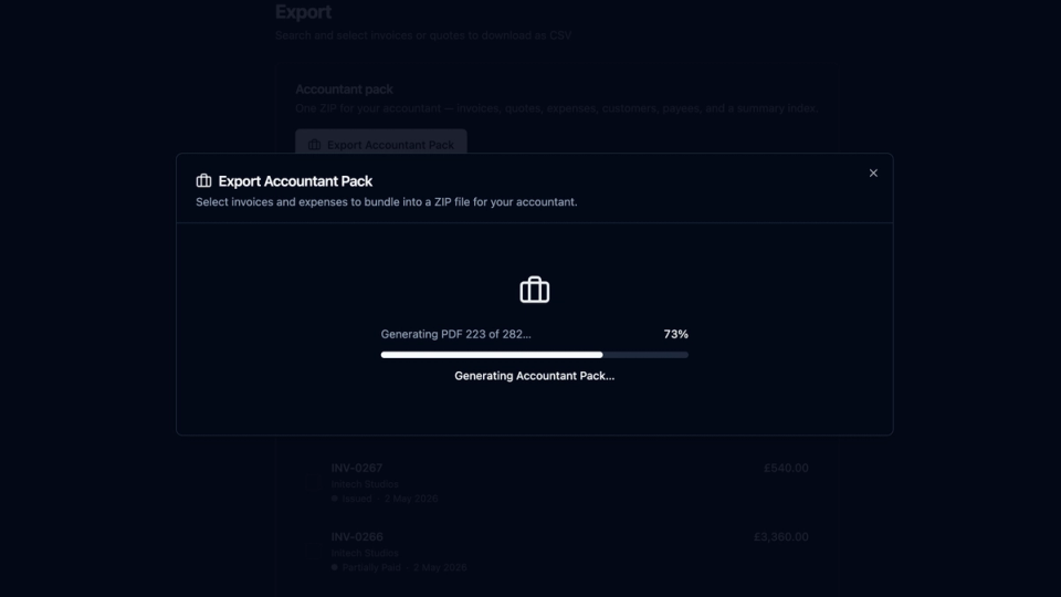 recevo.io Accountant Pack export screen showing invoice PDFs, expense attachments, and CSV spreadsheets being prepared as a ZIP file