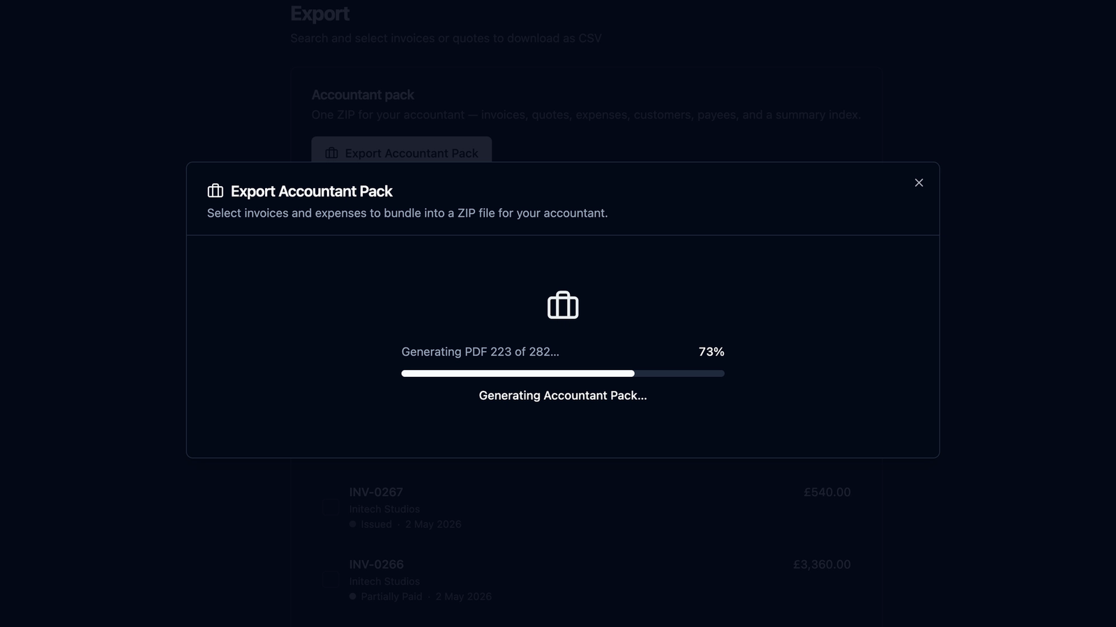 recevo.io Accountant Pack export screen showing invoice PDFs, expense attachments, and CSV spreadsheets being prepared as a ZIP file