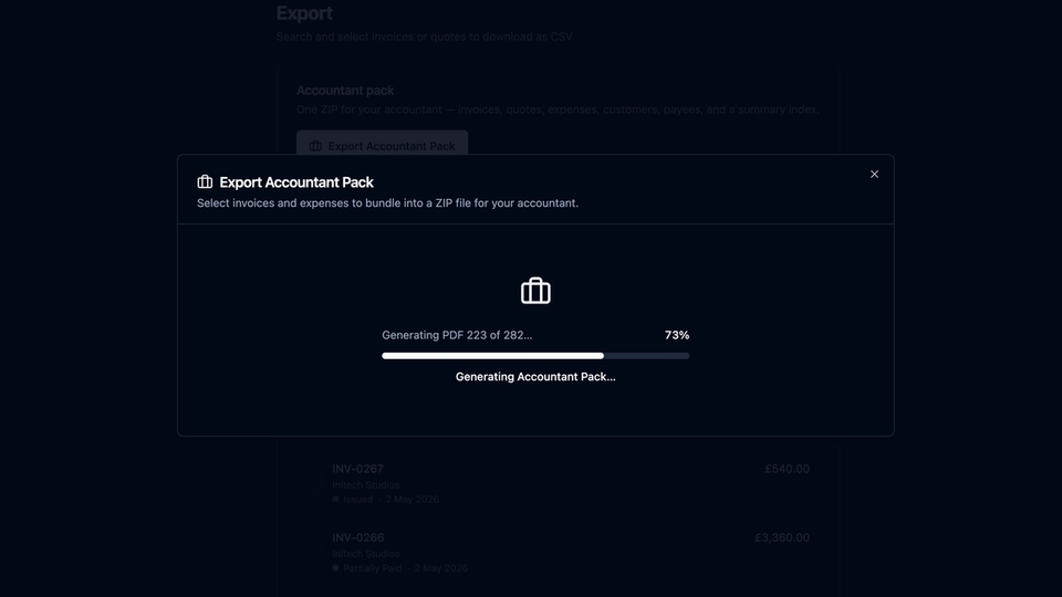 recevo.io Accountant Pack export screen showing invoice PDFs, expense attachments, and CSV spreadsheets being prepared as a ZIP file