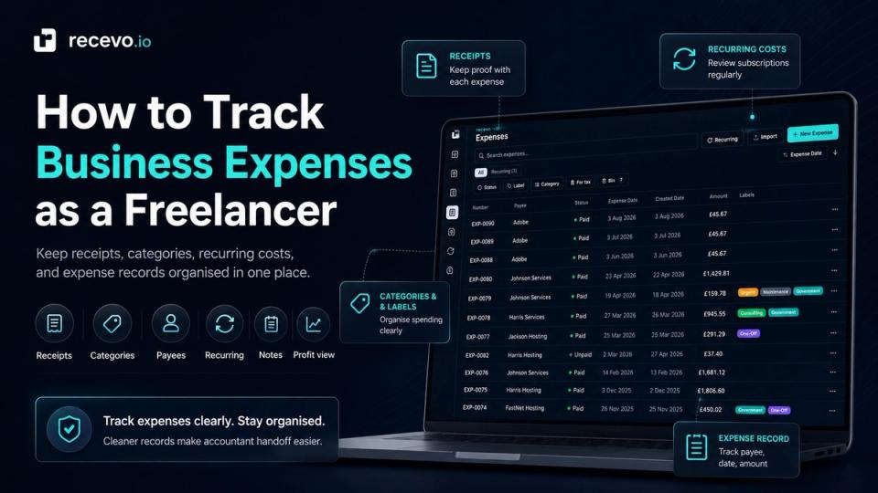 recevo.io blog cover showing the headline ‘How to Track Business Expenses as a Freelancer’ beside the expenses screen, with callouts for receipts, recurring costs, categories and labels, and expense records.