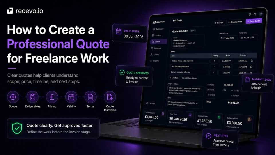 recevo.io blog cover showing the headline ‘How to Create a Professional Quote for Freelance Work’ alongside a quote editor interface, with callouts for validity date, quote approval, payment terms, and the next step from quote to invoice.