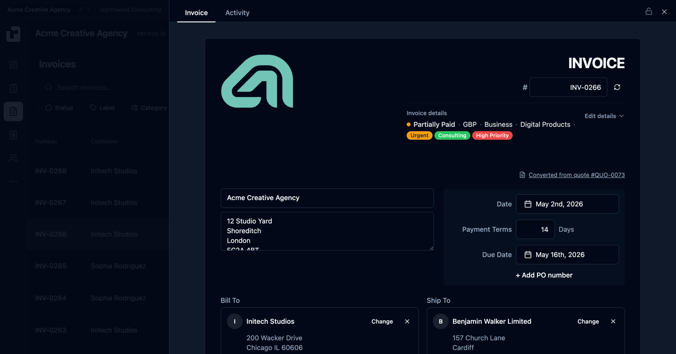 Screenshot of recevo.io showing a browser-based invoice generator with professional PDF invoicing, no signup, and private local data storage