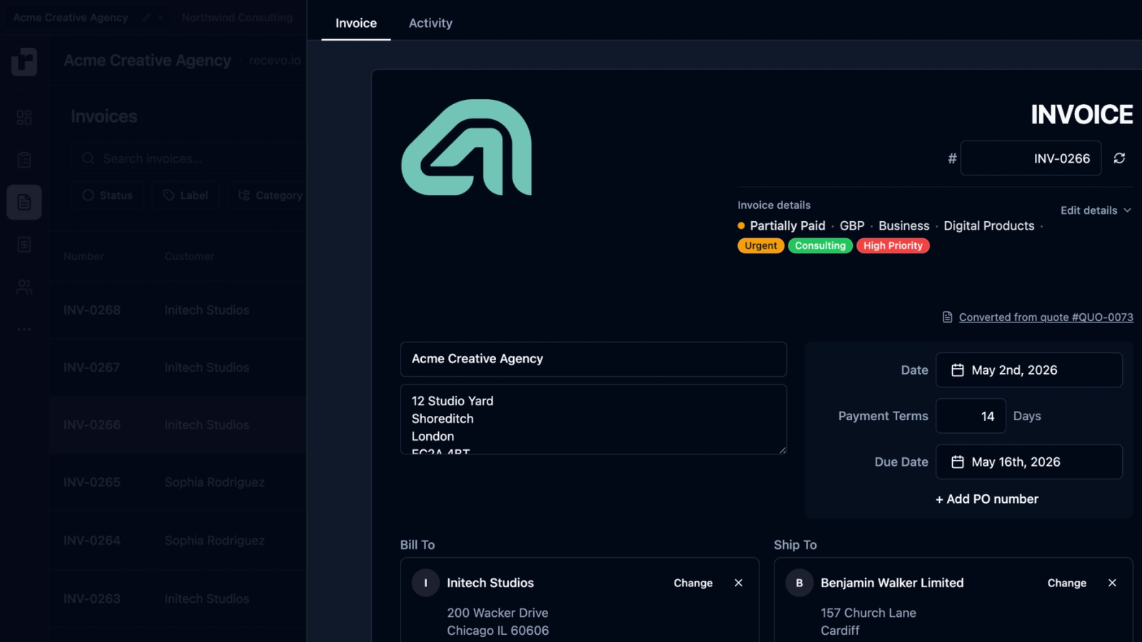 Screenshot of recevo.io showing a browser-based invoice generator with professional PDF invoicing, no signup, and private local data storage