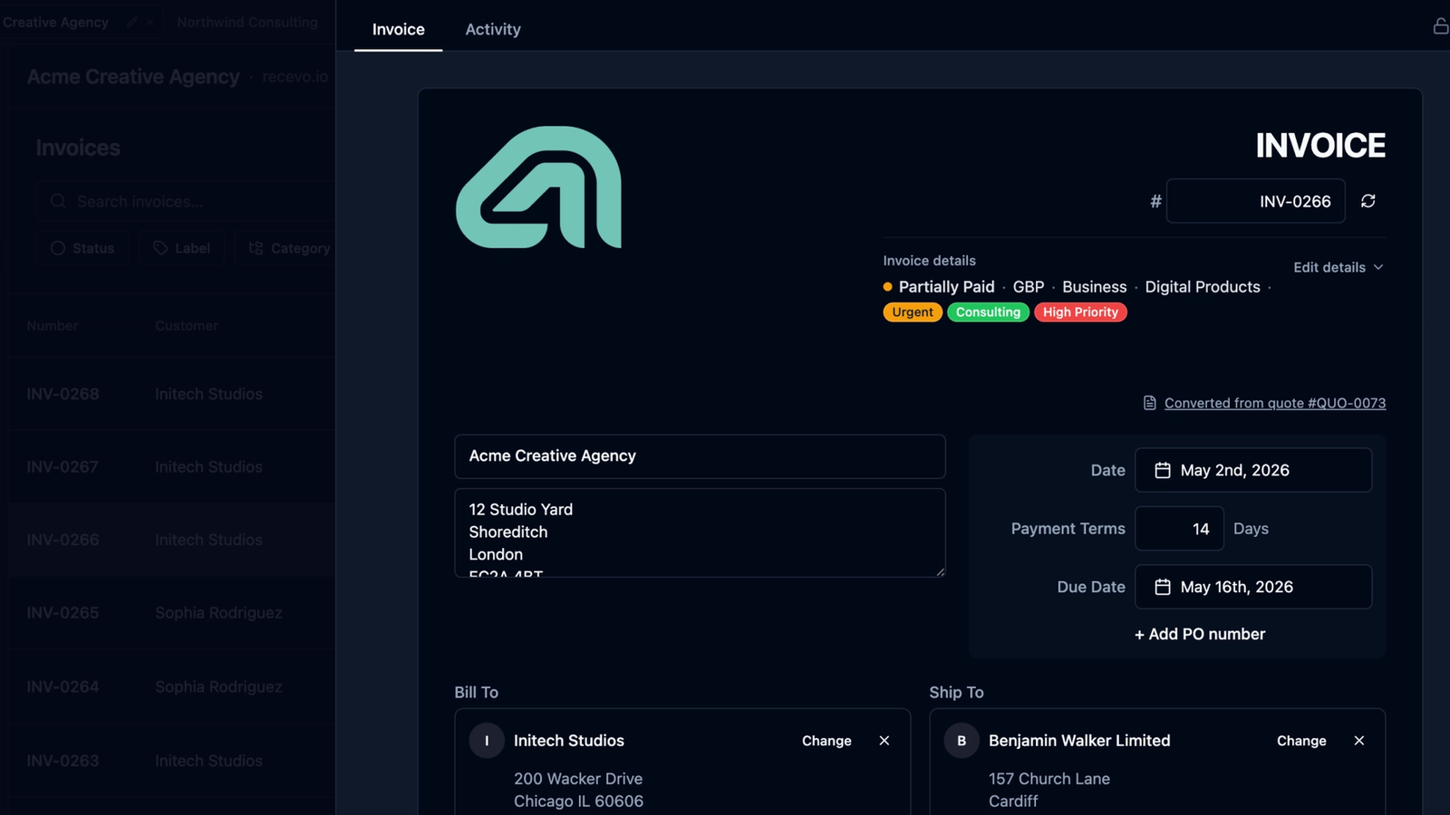 Screenshot of recevo.io showing a browser-based invoice generator with professional PDF invoicing, no signup, and private local data storage