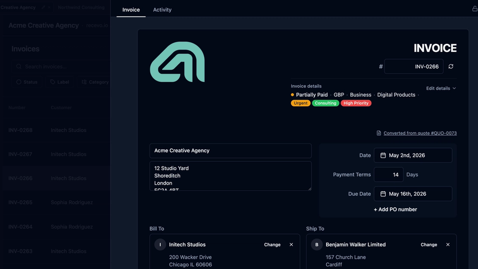 Screenshot of recevo.io showing a browser-based invoice generator with professional PDF invoicing, no signup, and private local data storage