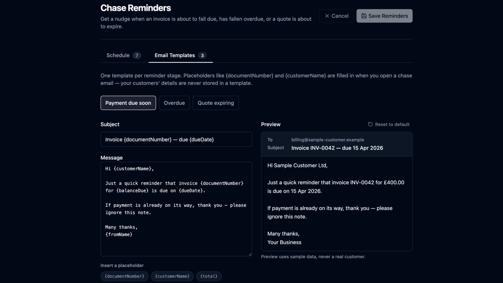 Set up chase reminders for invoices and quotes in recevo.io