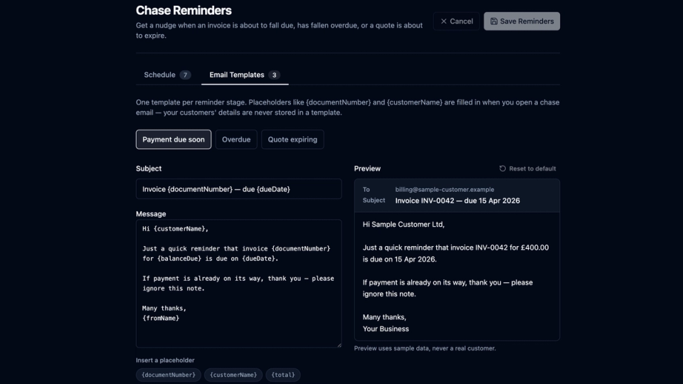 Set up chase reminders for invoices and quotes in recevo.io