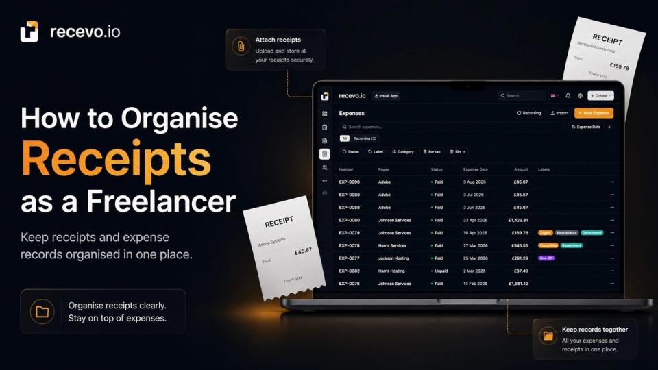 recevo.io blog cover showing the headline ‘How to Organise Receipts as a Freelancer’ beside the expenses screen, with receipt illustrations and callouts about attaching receipts and keeping expense records together.