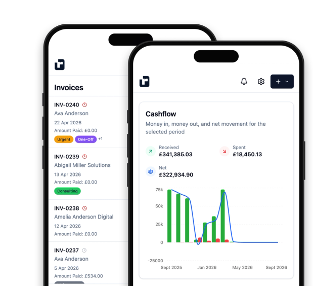 Two phones running recevo.io as an installed app, showing the cashflow dashboard in front of the invoices list