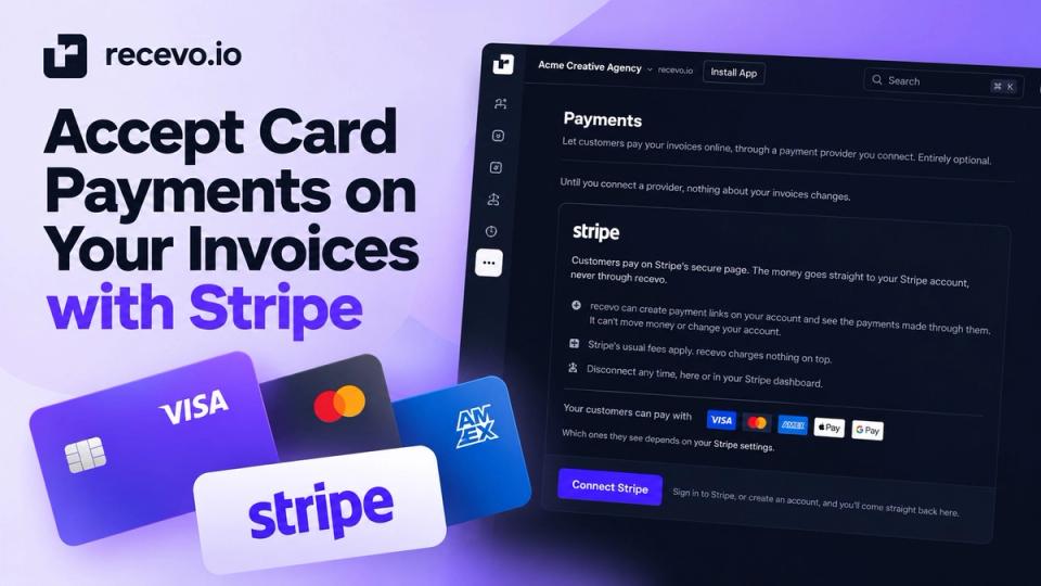 The Connect to Stripe screen in recevo.io, showing the option to connect a Stripe account and accept online card payments on invoices.
