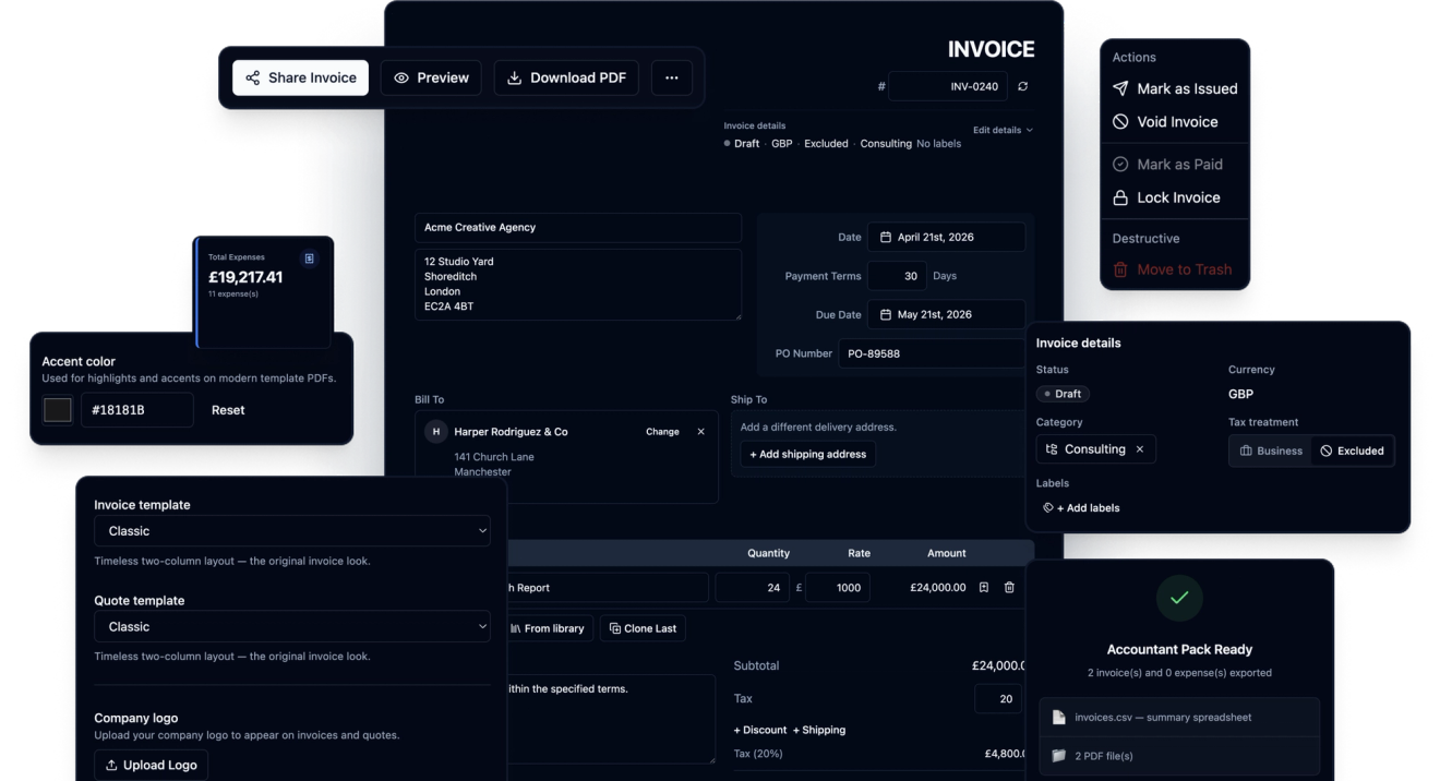 The recevo.io invoice editor in dark mode with its sharing toolbar, invoice details, template and branding settings, and an accountant pack export