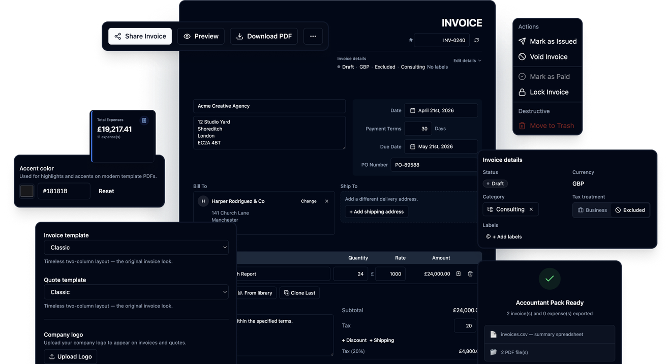 The recevo.io invoice editor with customer and payment terms, line items, a status actions menu, branding settings and an Accountant Pack Ready summary, in dark mode