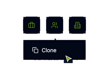 Three customer type icons above a Clone button with a cursor, in dark mode