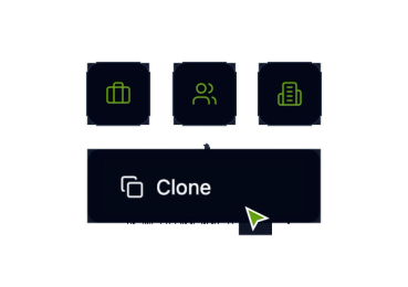 Three customer type icons above a Clone button with a cursor, in dark mode